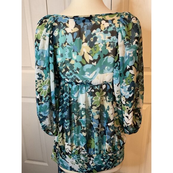 A.N.A. Sheer Floral Blue Green White Blouse Top Size Medium - Picture 5 of 6
